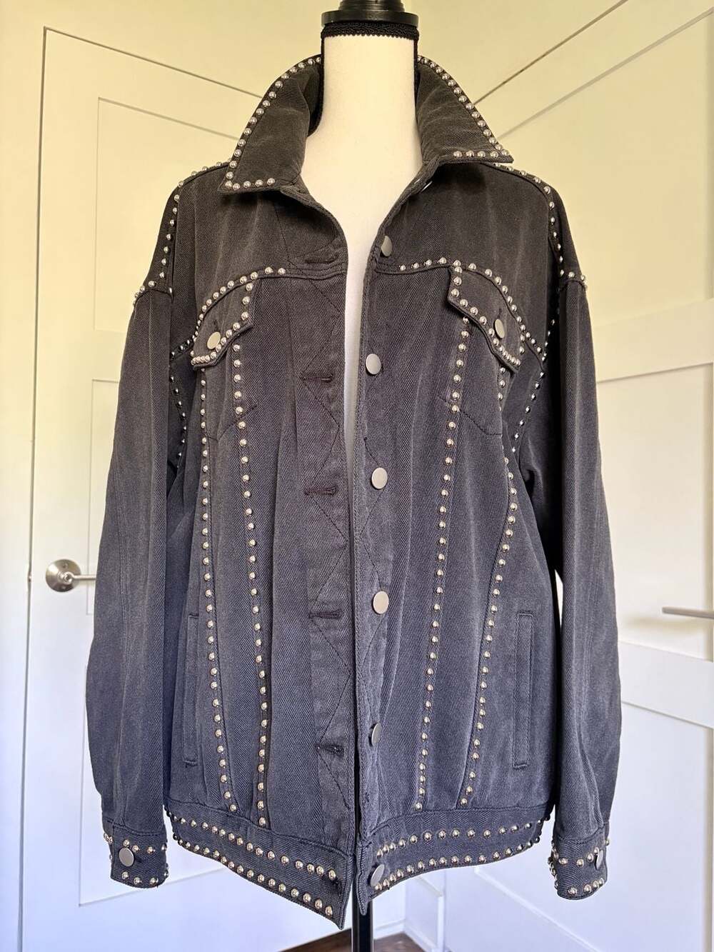 POL Studded Black Denim Jacket | Western Chic Oversized | Ladies Medium